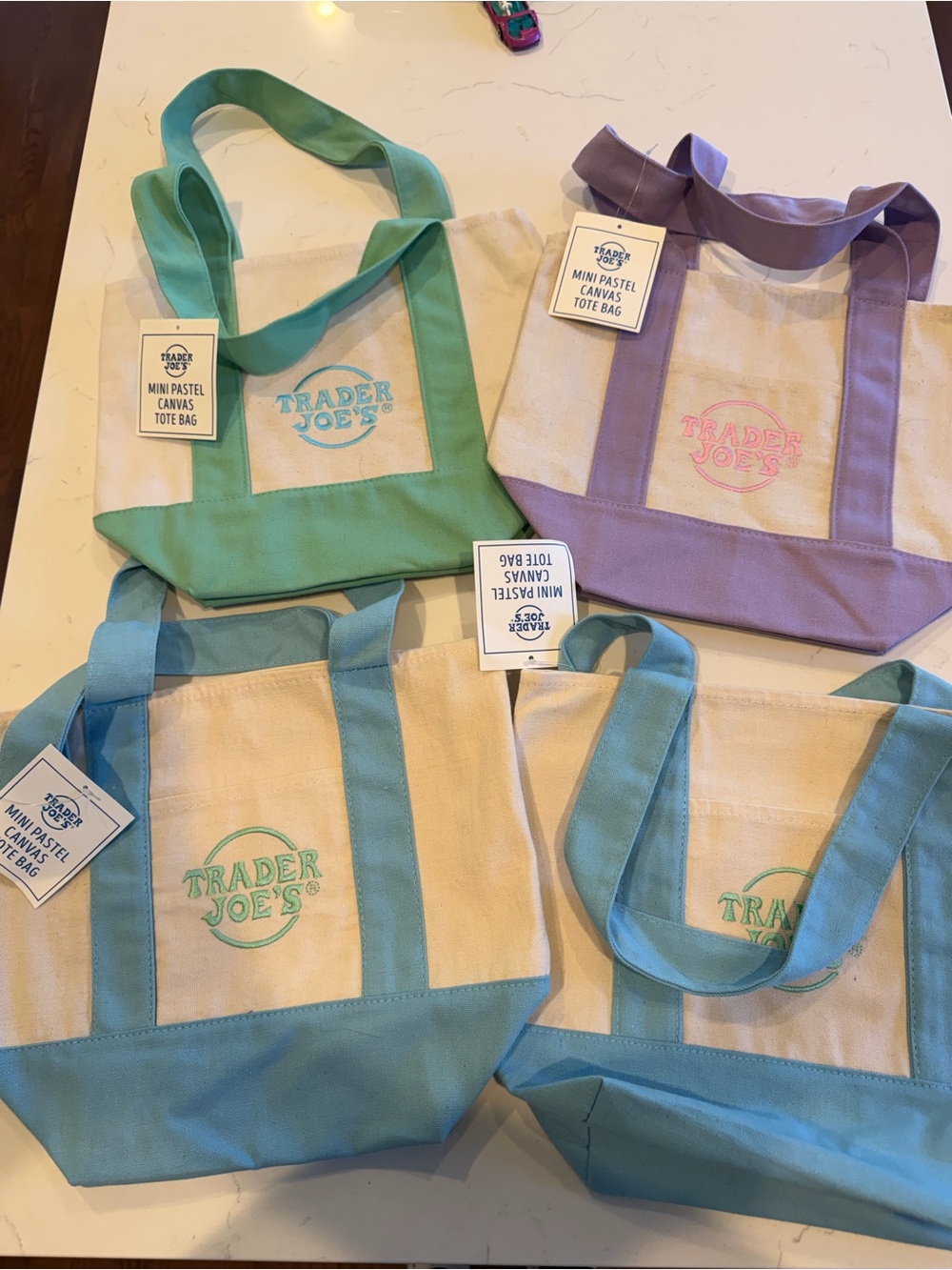 Trader Joe’s Mini Pastel Canvas Tote Bag - Green, Lavender, Light Blue NWT
